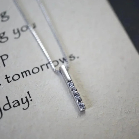 925 Sterling Silver Diamond Bar Strip Necklace - Picture 6 of 7